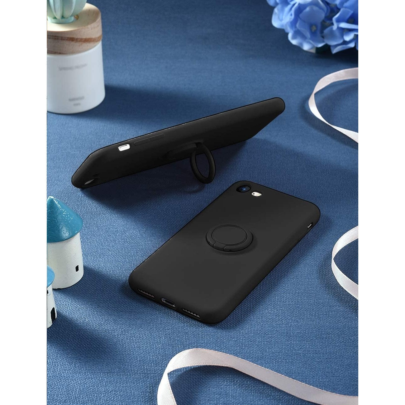 Husa protectie Flippy compatibila cu Apple iPhone 7/8/SE 2020 Liquid Silicone Ring cu suport rotativ Negru-6