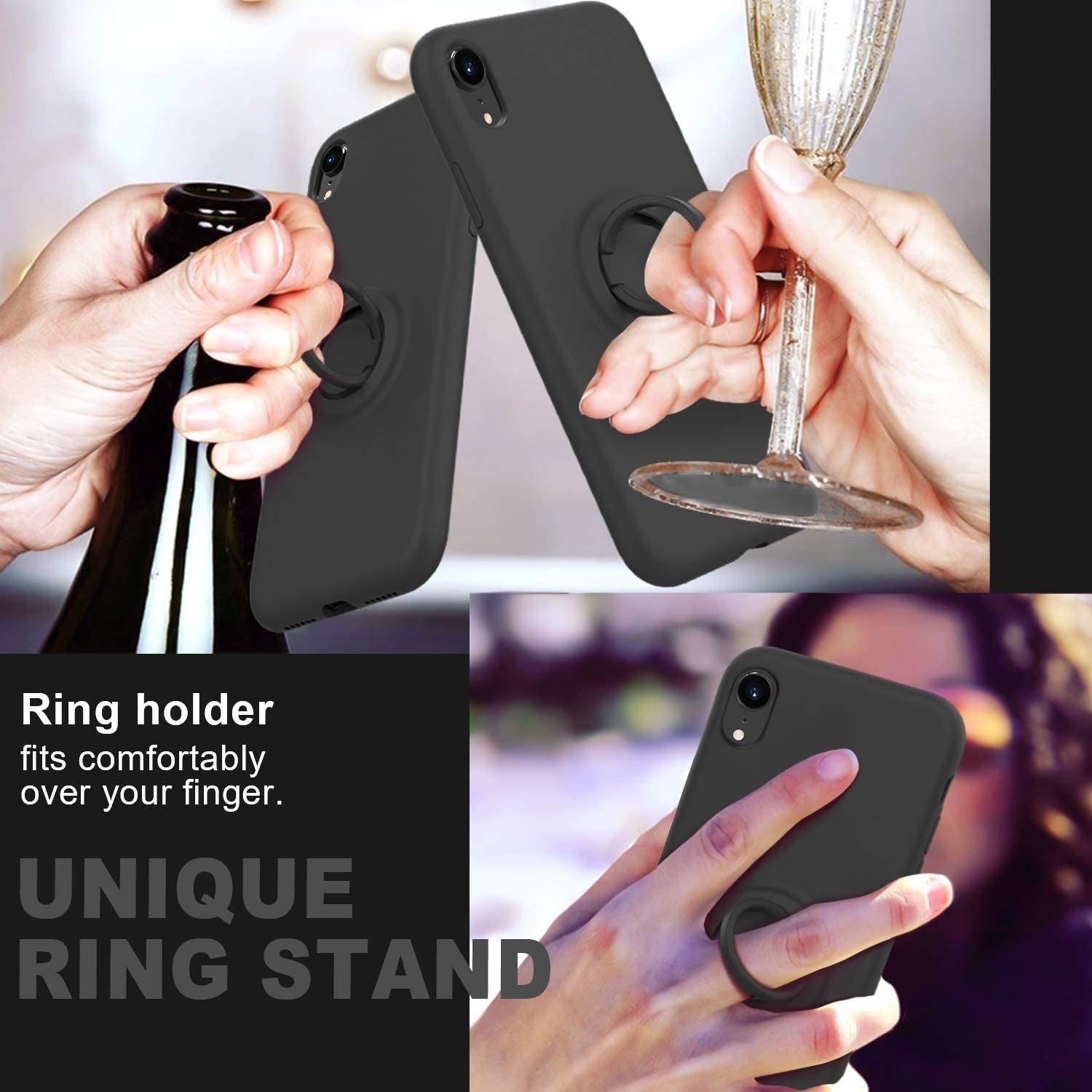 Husa protectie Flippy compatibila cu Apple iPhone XR Liquid Silicone Ring cu suport rotativ Negru-6