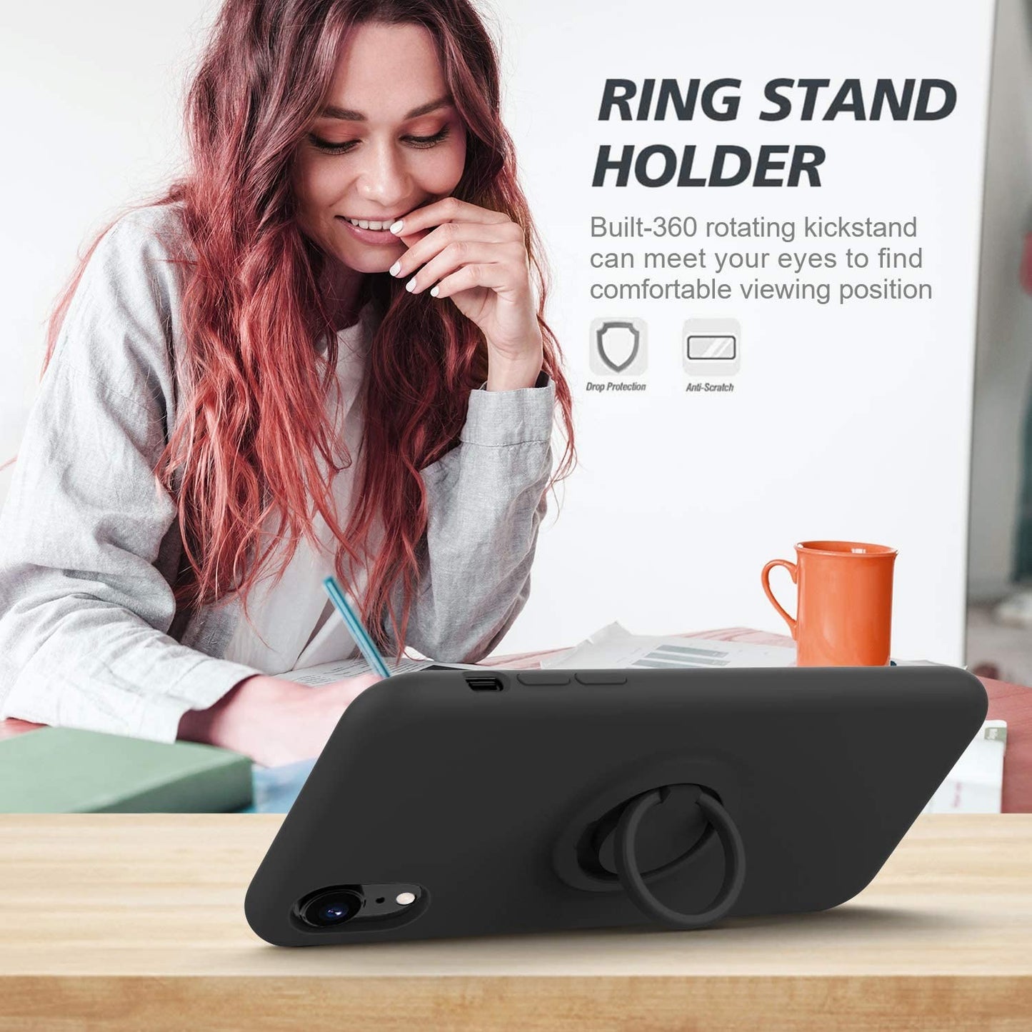 Husa protectie Flippy compatibila cu Apple iPhone XR Liquid Silicone Ring cu suport rotativ Negru-7