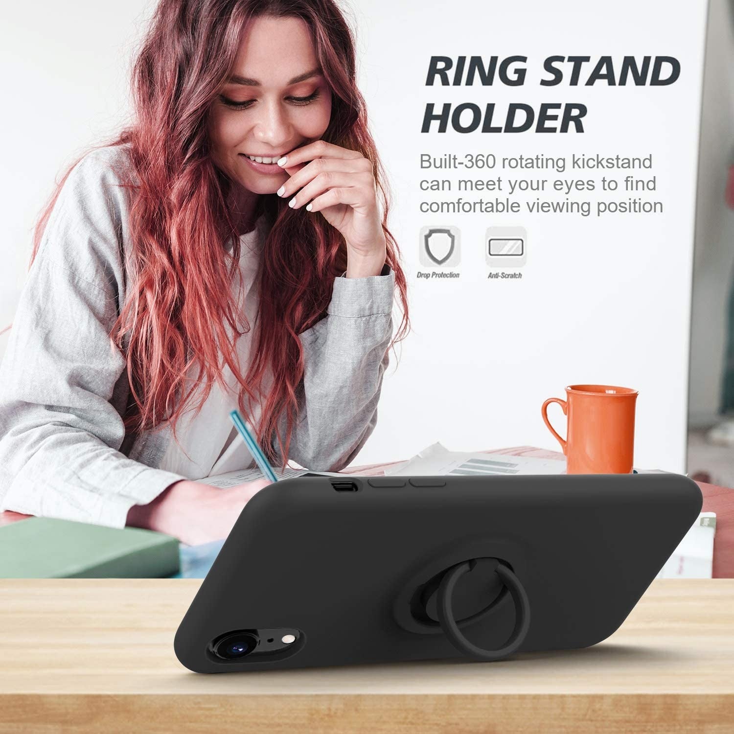 Husa protectie Flippy compatibila cu Apple iPhone XR Liquid Silicone Ring cu suport rotativ Negru-7