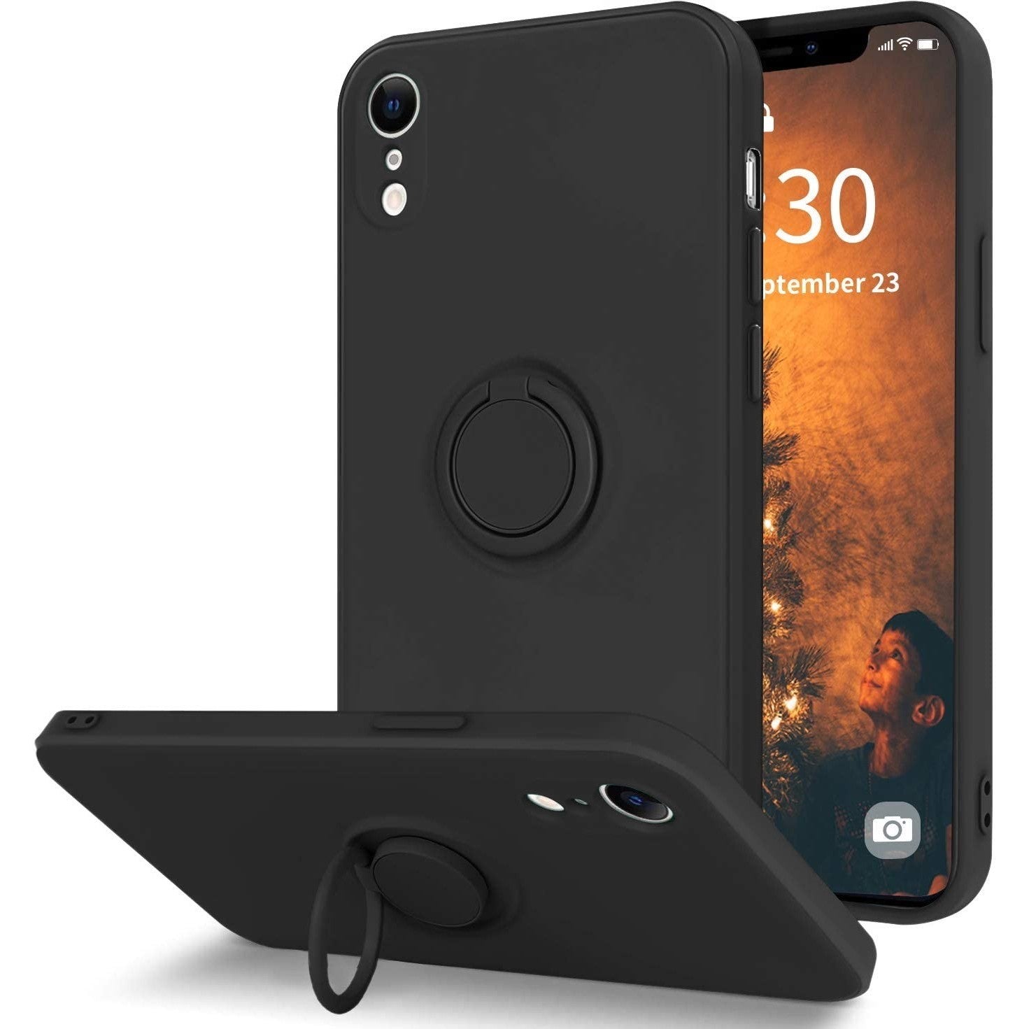 Husa protectie Flippy compatibila cu Apple iPhone XR Liquid Silicone Ring cu suport rotativ Negru-0