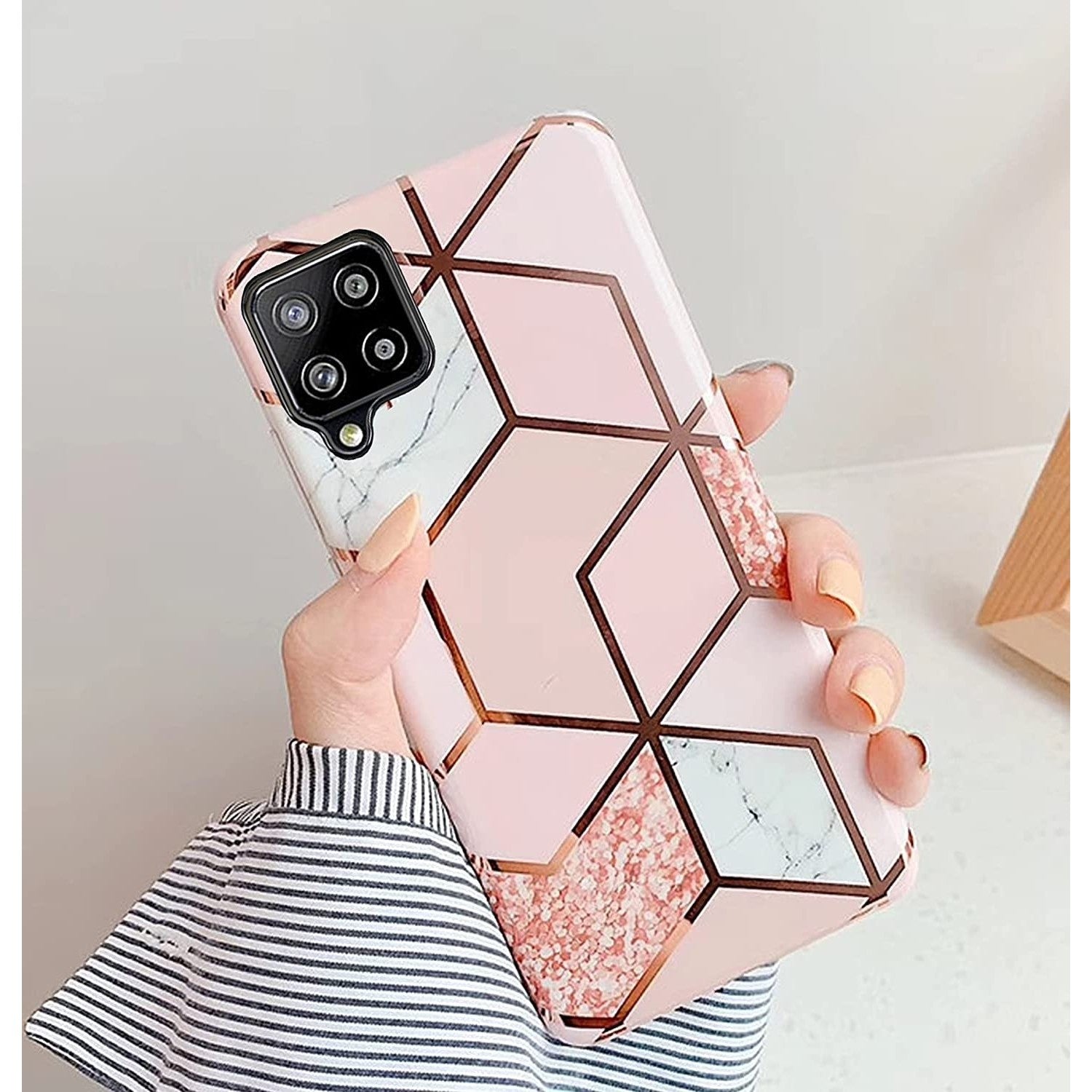 Husa protectie Flippy compatibila cu Samsung Galaxy A12 Soft IMD TPU Marble Geometric Alb-1