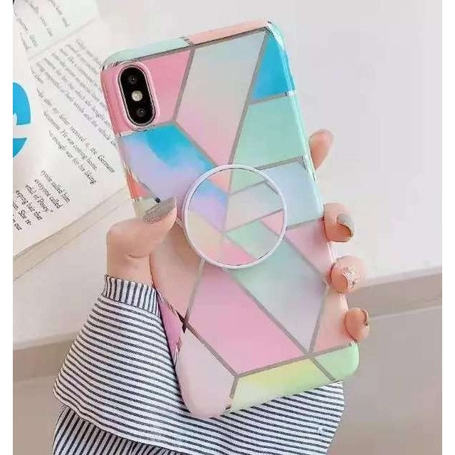 Husa protectie pentru Apple iPhone XR Soft IMD TPU Marble Geometric Roz Suport inclus-2