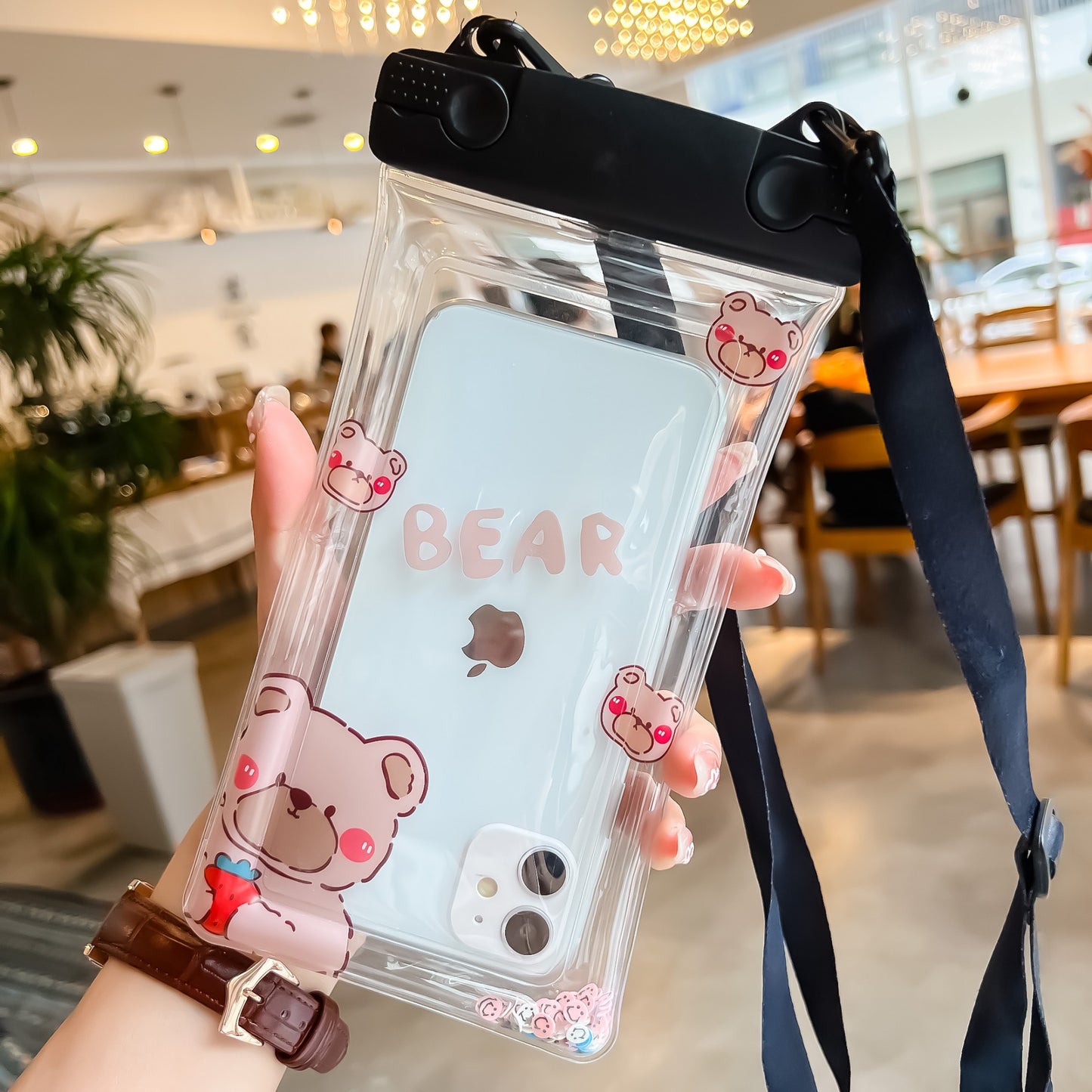 Husa subacvatica Fruity Waterproof Flippy, Snowproof, Universala, Impermeabila, cu Snur, pentru telefon sau documente, Berry Bear, Negru-1