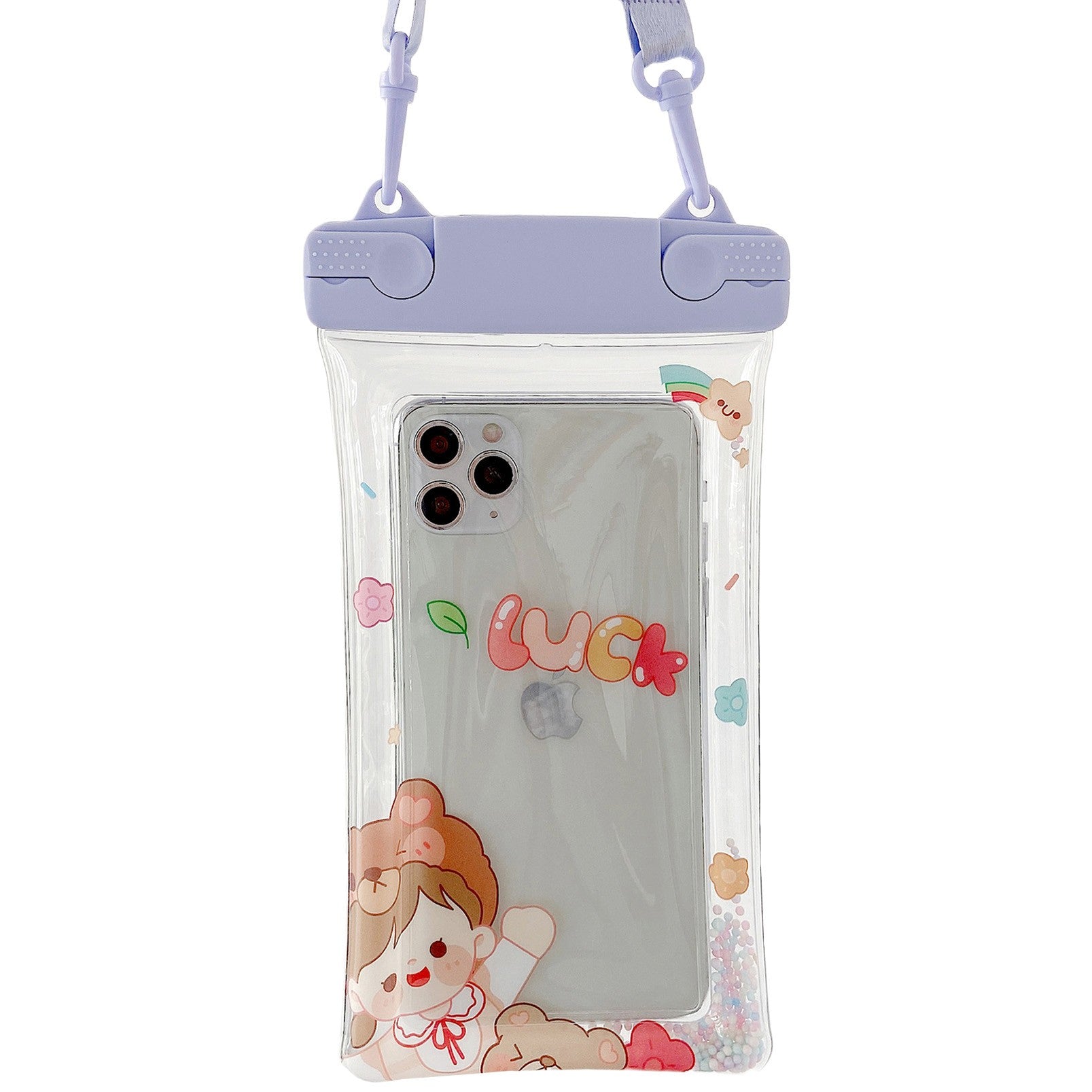 Husa subacvatica Fruity Waterproof Flippy, Snowproof, Universala, Impermeabila, cu Snur, pentru telefon sau documente, Lucky Girl, Mov-0