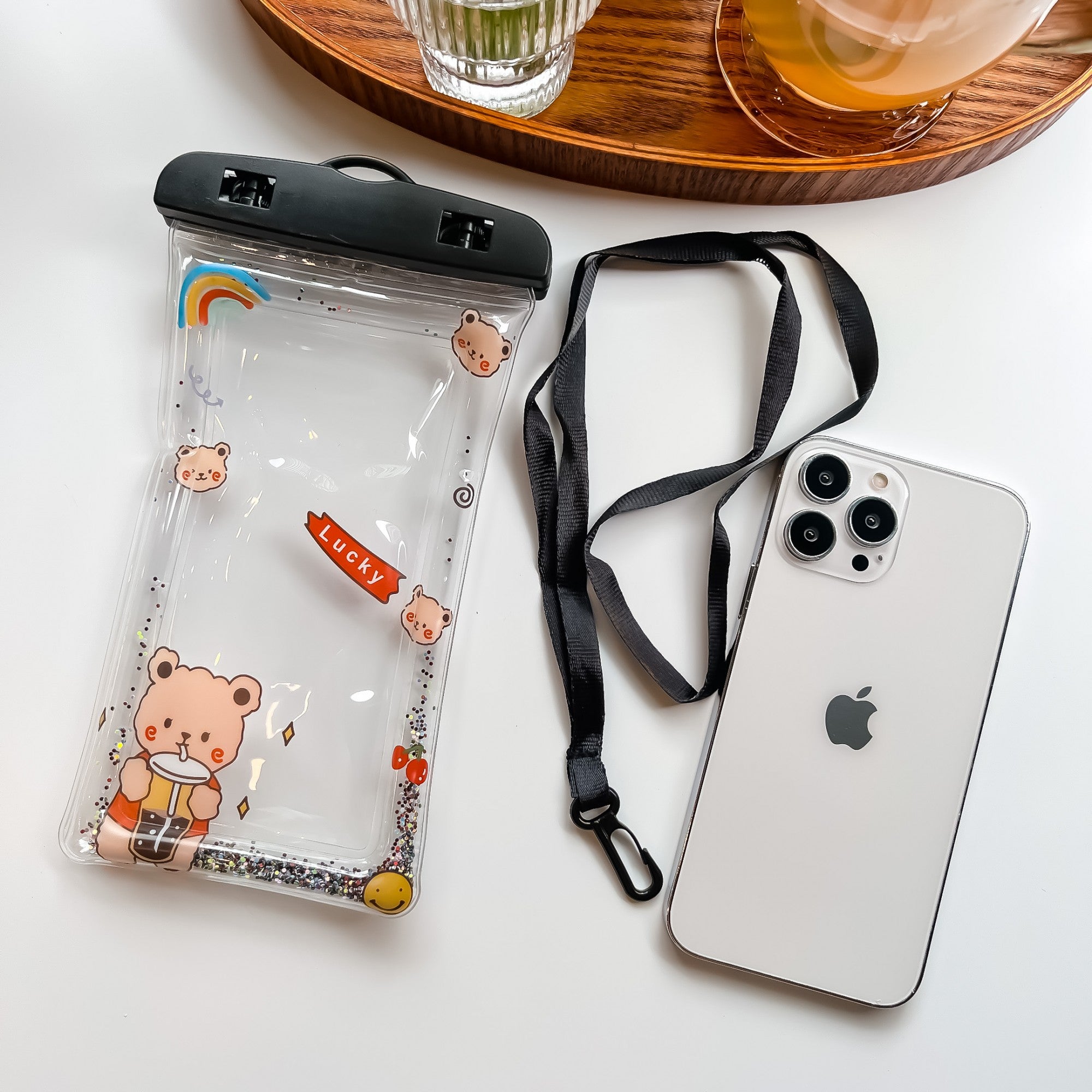 Husa subacvatica Glitter Kids Waterproof Flippy, Snowproof, Universala, cu Snur, pentru telefon sau documente, Lucky Bear, Negru-1