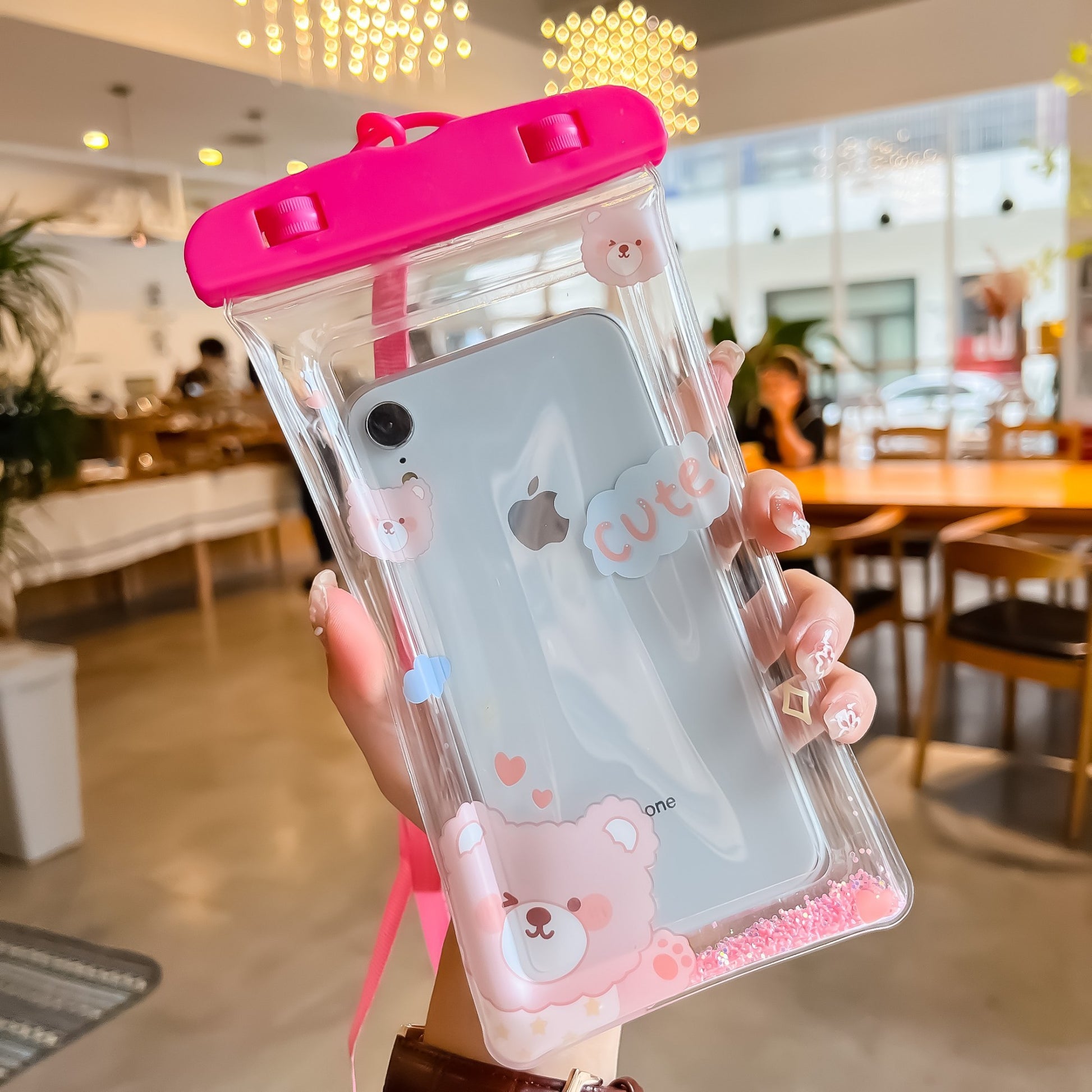 Husa subacvatica Glitter Kids Waterproof Flippy, Snowproof, Universala, cu Snur, pentru telefon sau documente, Cute Bear, Roz-1