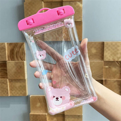 Husa subacvatica Glitter Kids Waterproof Flippy, Snowproof, Universala, cu Snur, pentru telefon sau documente, Cute Bear, Roz-2