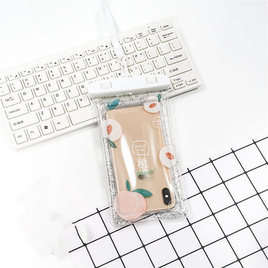 Husa subacvatica Glitter Kids Waterproof Flippy, Snowproof, Universala, cu Snur, pentru telefon sau documente, Peach, Alb-1