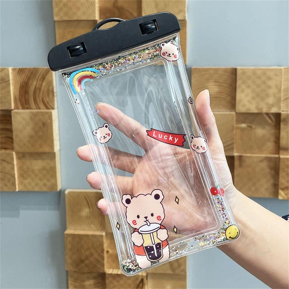 Husa subacvatica Glitter Kids Waterproof Flippy, Snowproof, Universala, cu Snur, pentru telefon sau documente, Lucky Bear, Negru-2