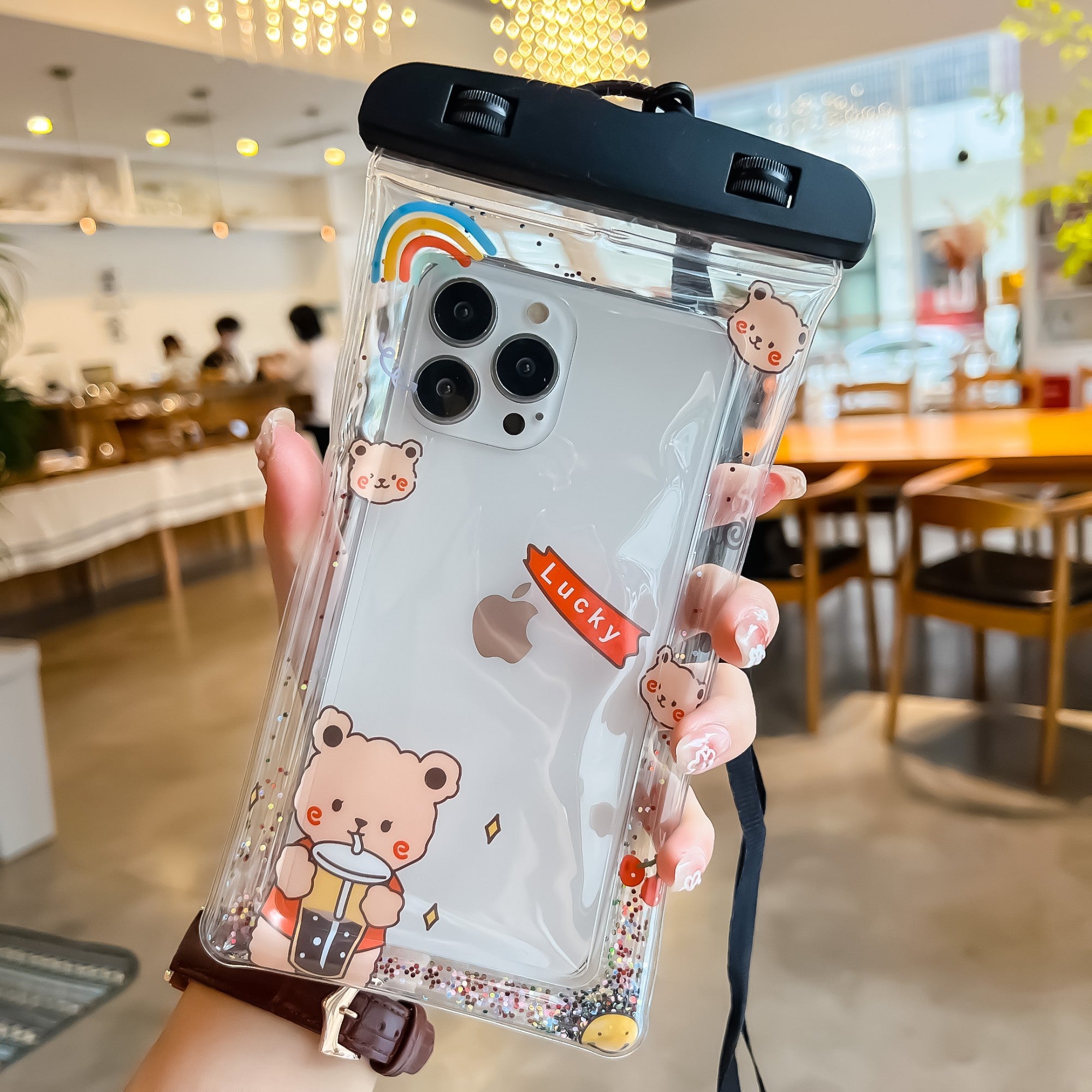 Husa subacvatica Glitter Kids Waterproof Flippy, Snowproof, Universala, cu Snur, pentru telefon sau documente, Lucky Bear, Negru-3
