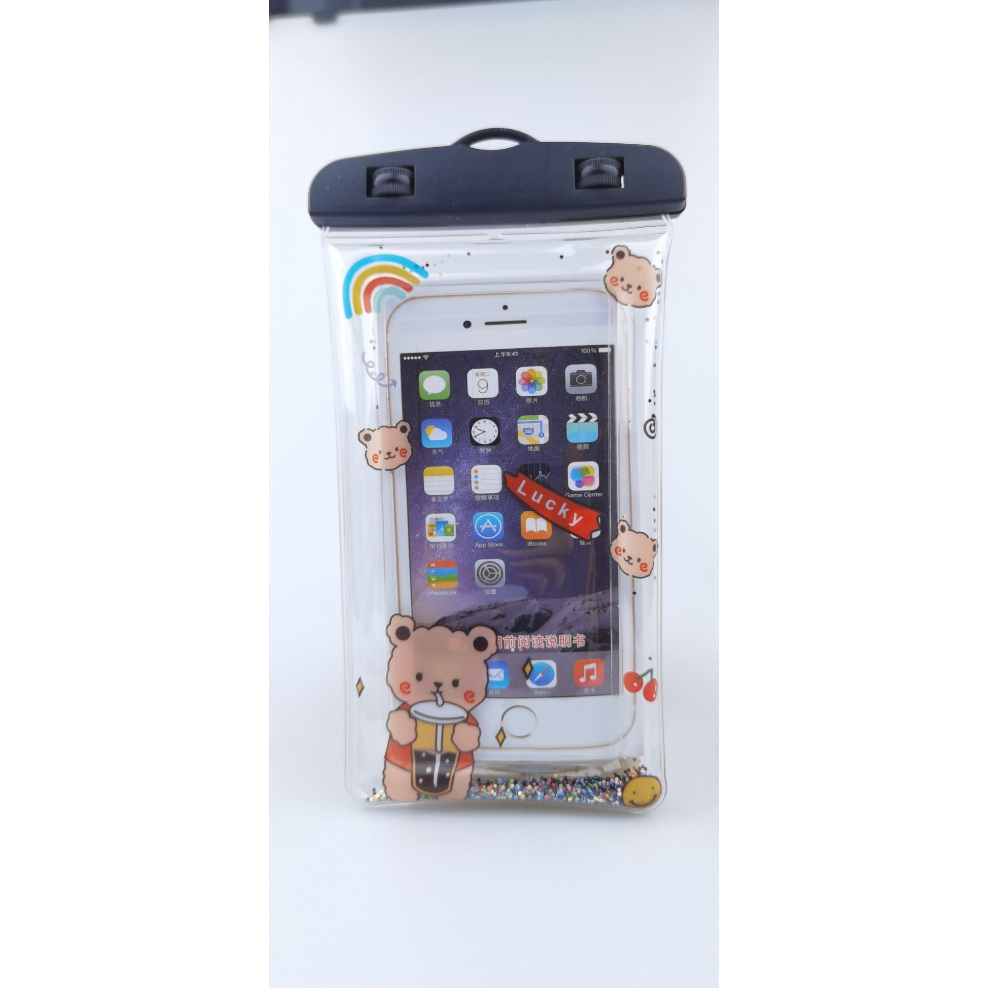 Husa subacvatica Glitter Kids Waterproof Flippy, Snowproof, Universala, cu Snur, pentru telefon sau documente, Lucky Bear, Negru-4