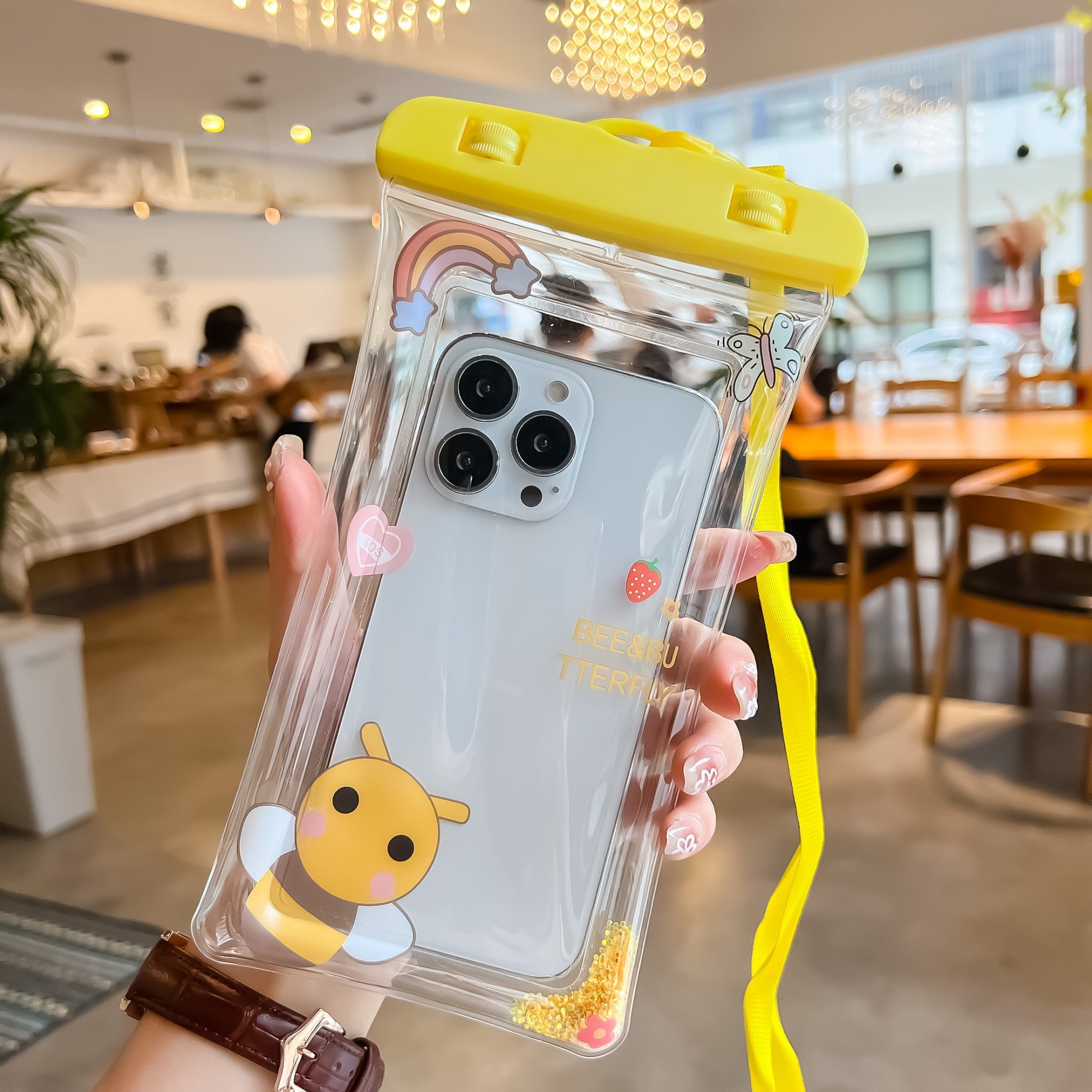 Husa subacvatica Glitter Kids Waterproof Flippy, Snowproof, Universala, cu Snur, pentru telefon sau documente, Bee, Galben-2