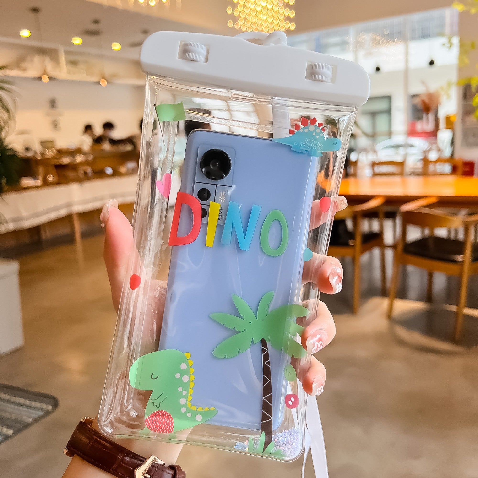 Husa subacvatica Glitter Kids Waterproof Flippy, Snowproof, Universala, cu Snur, pentru telefon sau documente, Dino, Alb-2