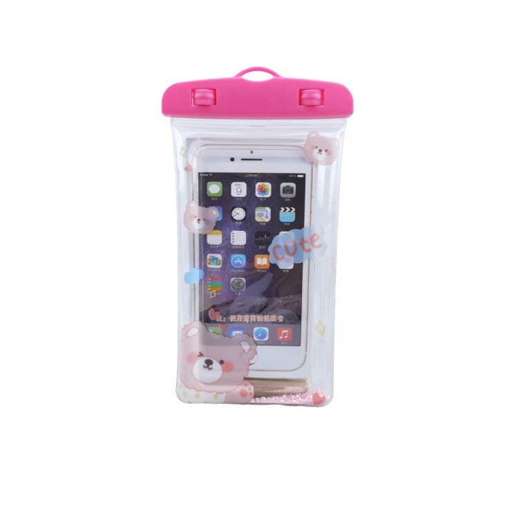 Husa subacvatica Glitter Kids Waterproof Flippy, Snowproof, Universala, cu Snur, pentru telefon sau documente, Cute Bear, Roz-0