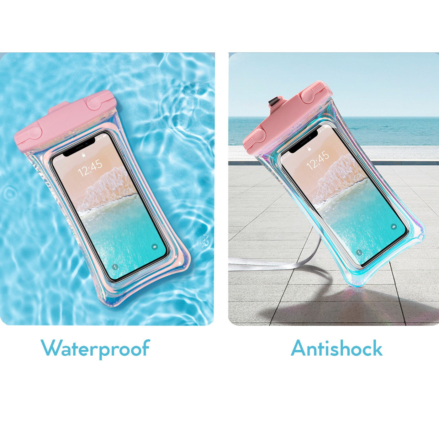 Husa subacvatica Holografica Waterproof Flippy, Snowproof, Universala, Impermeabila, cu Snur, pentru telefon sau documente, Roz-3