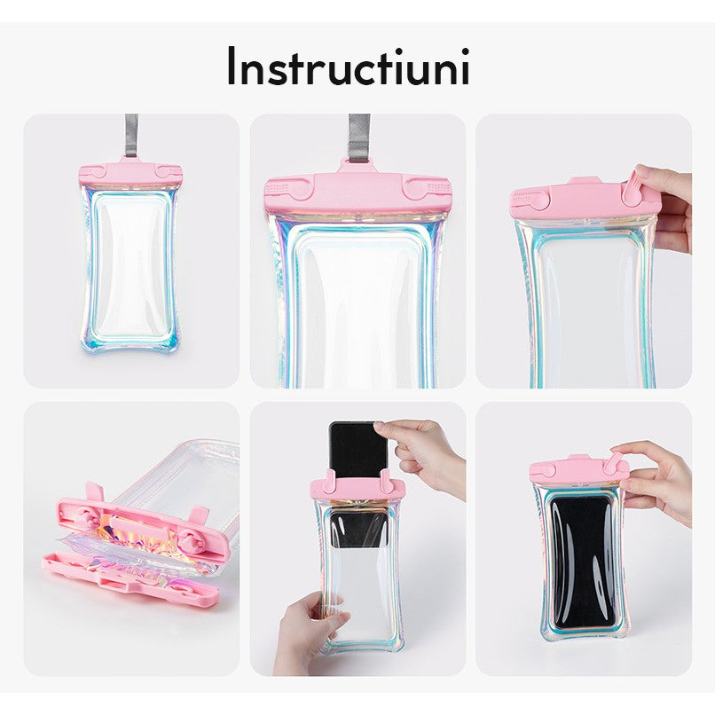 Husa subacvatica Holografica Waterproof Flippy, Snowproof, Universala, Impermeabila, cu Snur, pentru telefon sau documente, Roz-6