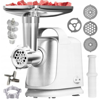 Masina de tocat, putere 1200W, lame din otel, doua site, functie revers,putere tocare 1.5kg pe minut, culoare gri cu alb