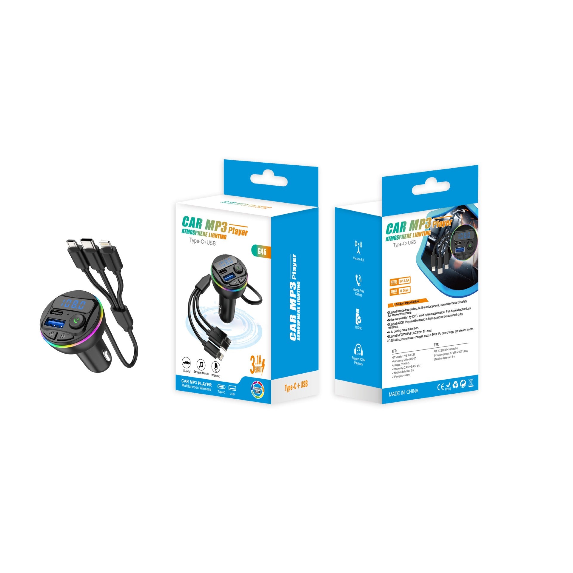 Incarcator auto cu MP3 Player, bluetooth, QC 3.0, 3.1A, 1 x USB Type C, USB type A-0