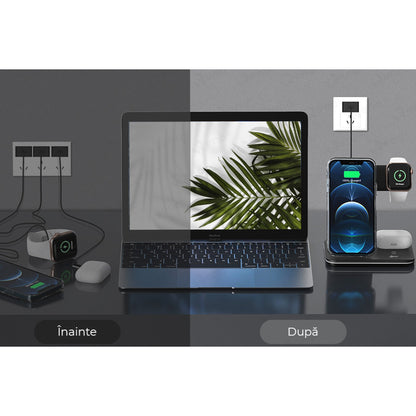 Incarcator Wireless Flippy, Statie Incarcare 3 In 1 Qi Fast Charger 15W, Incarcare Rapida, Compatibil Cu Apple Watch Toate Seriile Airpods Toate Modele si Iphone Android Samsung Huawei Xiaomi, Quick Charge, Negru-1