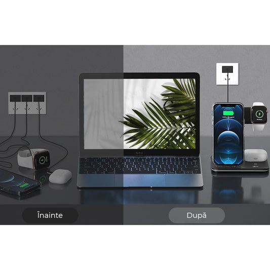 Incarcator Wireless Flippy, Statie Incarcare 3 In 1 Qi Fast Charger 15W, Incarcare Rapida, Compatibil Cu Apple Watch Toate Seriile Airpods Toate Modele si Iphone Android Samsung Huawei Xiaomi, Quick Charge, Negru-1