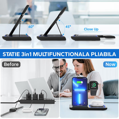 Incarcator Wireless Flippy, Statie Incarcare 3 In 1 Qi Fast Charger 15W, Incarcare Rapida, Compatibil Cu Apple Watch Toate Seriile Airpods Toate Modele si Iphone Android Samsung Huawei Xiaomi, Quick Charge, Negru-2