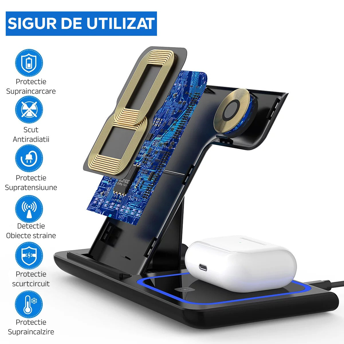 Incarcator Wireless Flippy, Statie Incarcare 3 In 1 Qi Fast Charger 15W, Incarcare Rapida, Compatibil Cu Apple Watch Toate Seriile Airpods Toate Modele si Iphone Android Samsung Huawei Xiaomi, Quick Charge, Negru-3