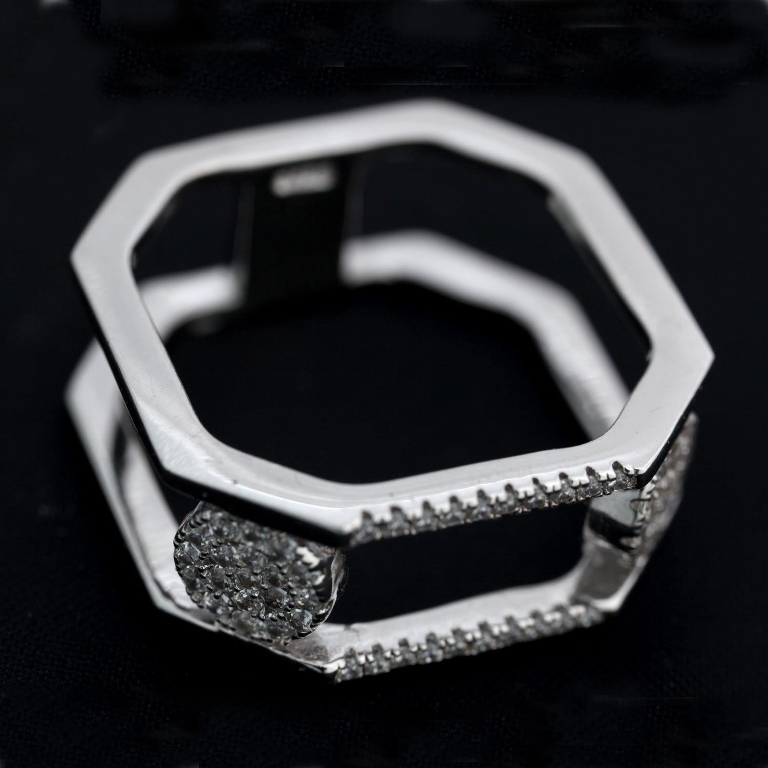 Inel Octagonal din Argint 925, cu doua cercuri si pietre, marimea 56-2