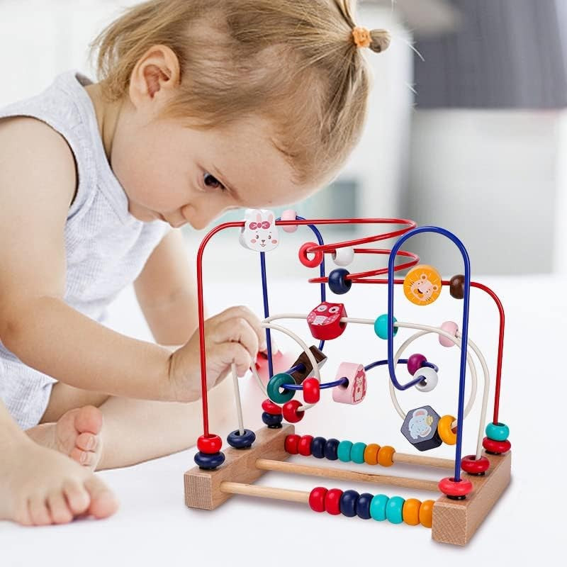 Jucarie din Lemn Montessori, Flippy, Labirint Motricitate cu Abac si Animalute, Rollercoaster pentru Copii, Educativ, Dezvoltarea Abilitatilor Motorii, Numaratoare, 22.5x22.5x15 cm, Multicolor-5