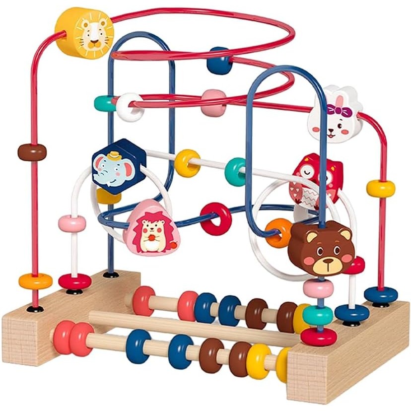 Jucarie din Lemn Montessori, Flippy, Labirint Motricitate cu Abac si Animalute, Rollercoaster pentru Copii, Educativ, Dezvoltarea Abilitatilor Motorii, Numaratoare, 22.5x22.5x15 cm, Multicolor-7