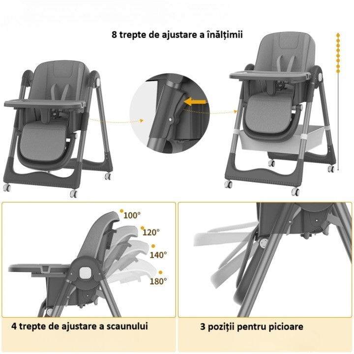 Scaun de Masa pentru Bebelusi si Copii, Flippy, 2 Tavite si Husa Detasabile, Multifuncțional, Stabil, Centura de Siguranta, Inaltime Ajustabila, Spatar Reglabil Moale, Cos de Depozitare, 100x50x80cm, de la 6 Luni, Gri-2