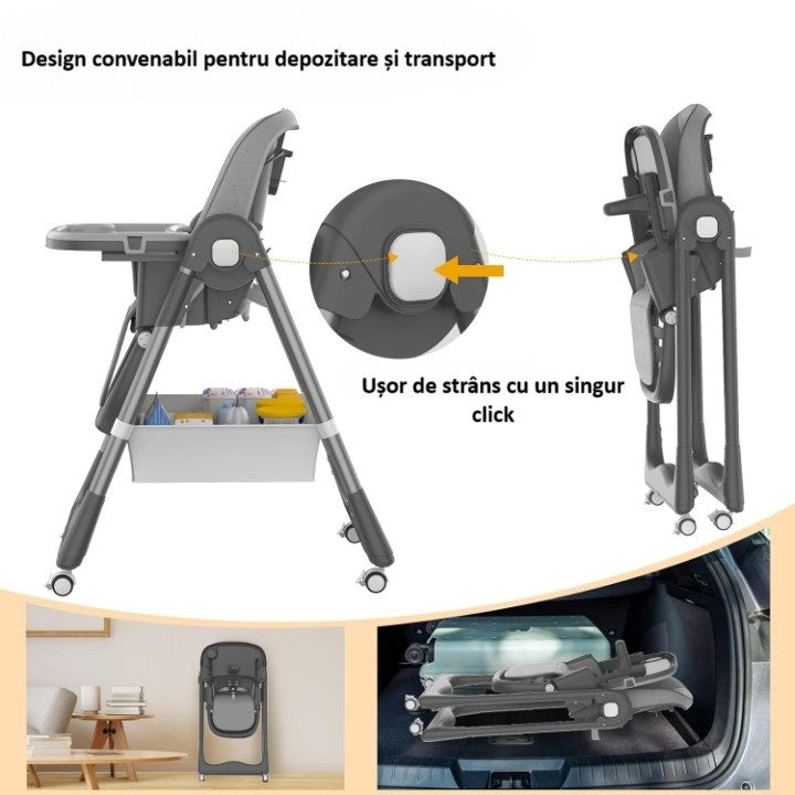 Scaun de Masa pentru Bebelusi si Copii, Flippy, 2 Tavite si Husa Detasabile, Multifuncțional, Stabil, Centura de Siguranta, Inaltime Ajustabila, Spatar Reglabil Moale, Cos de Depozitare, 100x50x80cm, de la 6 Luni, Gri-3