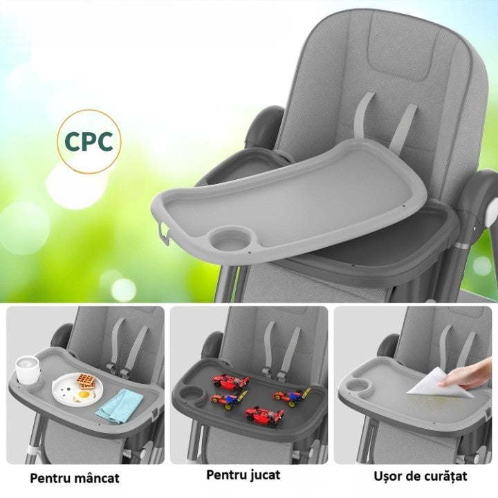 Scaun de Masa pentru Bebelusi si Copii, Flippy, 2 Tavite si Husa Detasabile, Multifuncțional, Stabil, Centura de Siguranta, Inaltime Ajustabila, Spatar Reglabil Moale, Cos de Depozitare, 100x50x80cm, de la 6 Luni, Gri-4