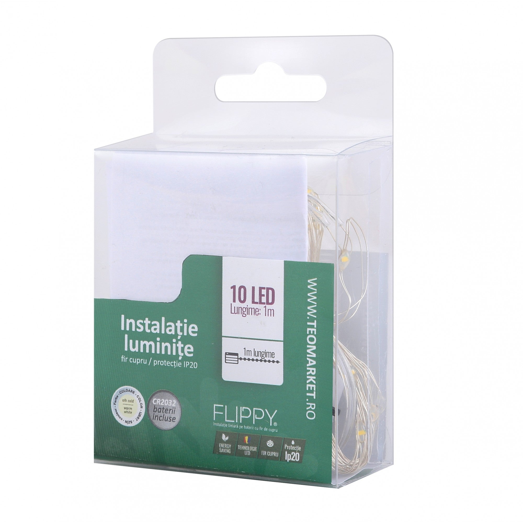 Instalatie Craciun, Liniara, 1 m, Baterii, 10 LED-uri, Alb Cald, Fir Cupru, Interior/Exterior, Flippy-1