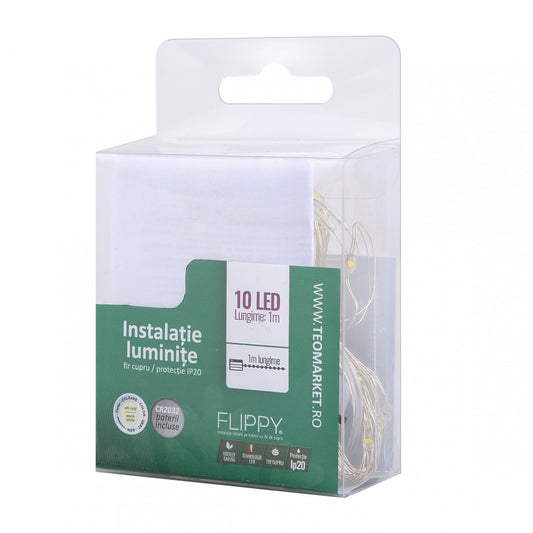 Instalatie Craciun, Liniara, 1 m, Baterii, 10 LED-uri, Alb Cald, Fir Cupru, Interior/Exterior, Flippy-1