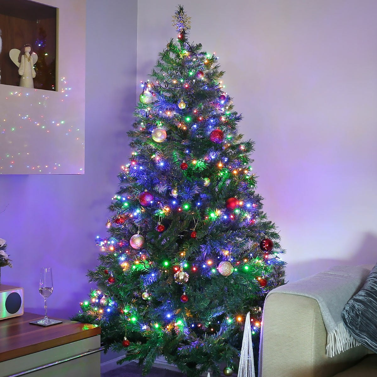 Instalatie Craciun, 10 m, 100 Led-uri ,Liniara, Multicolor, 8 jocuri de lumini, Transformator cu telecomanda, Interconectabila, Prelungitor 3 m inclus, Fir Verde, Flippy-1