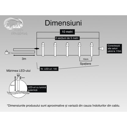 Instalatie Craciun, 10 m, 100 Led-uri ,Liniara, Rosu/Albastru/Rosu/Verde, Flash, Transformator cu telecomanda, Interconectabila, Prelungitor 3 m inclus, Fir Verde, Flippy-5