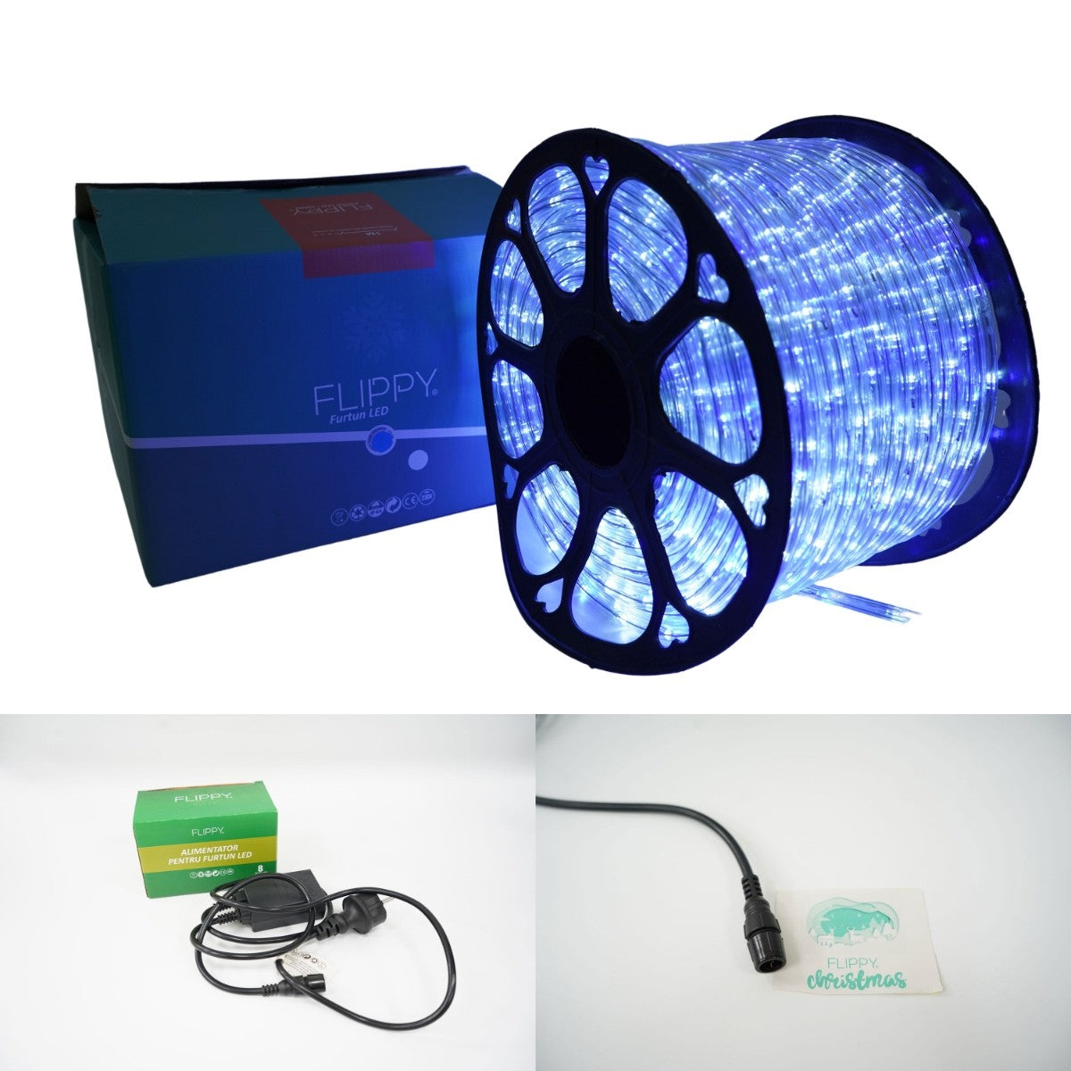 Instalatie Craciun, 10 m, 240 Led-uri, Furtun Luminos, Alb rece/ Albastru, Transformator, 8 jocuri de lumini, Sectionabila, 220 V, Flippy-10