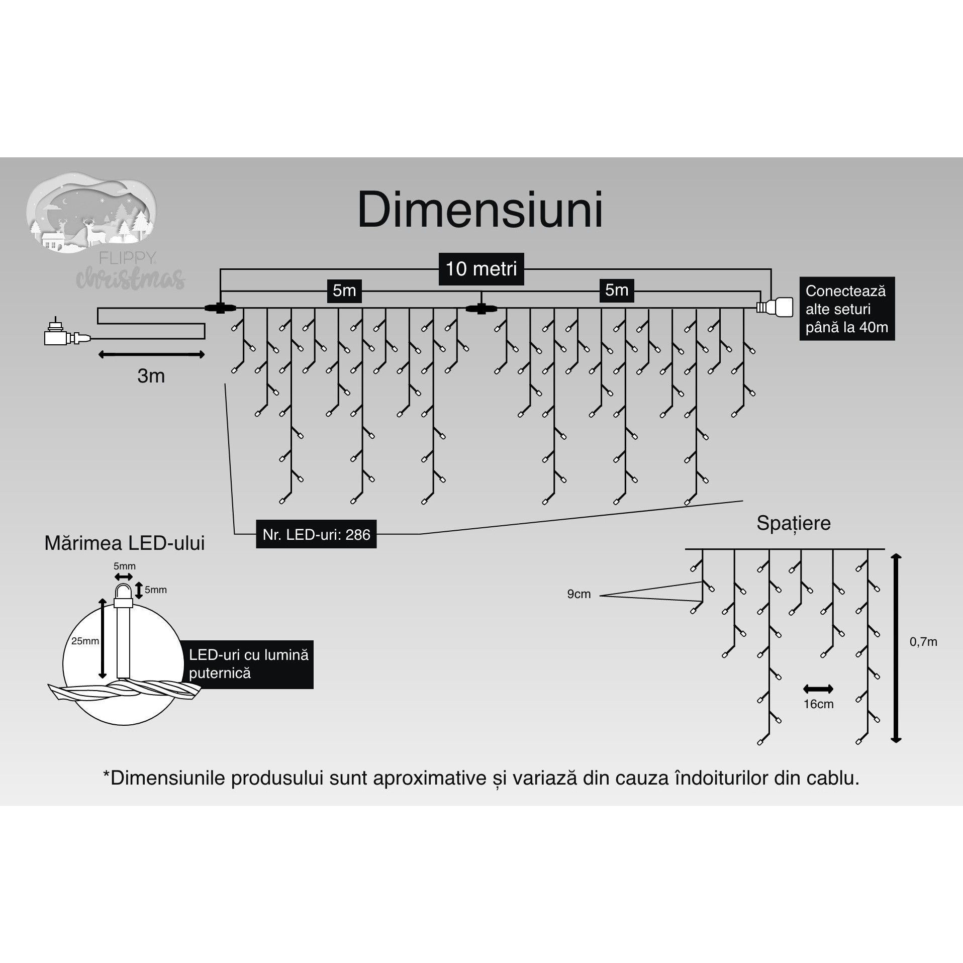 Instalatie Craciun, 10 m, 286 Led-uri ,Franjuri, Albastru, Flash, Transformator, Interconectabila, Prelungitor 3 m inclus, Fir Negru, Flippy-2