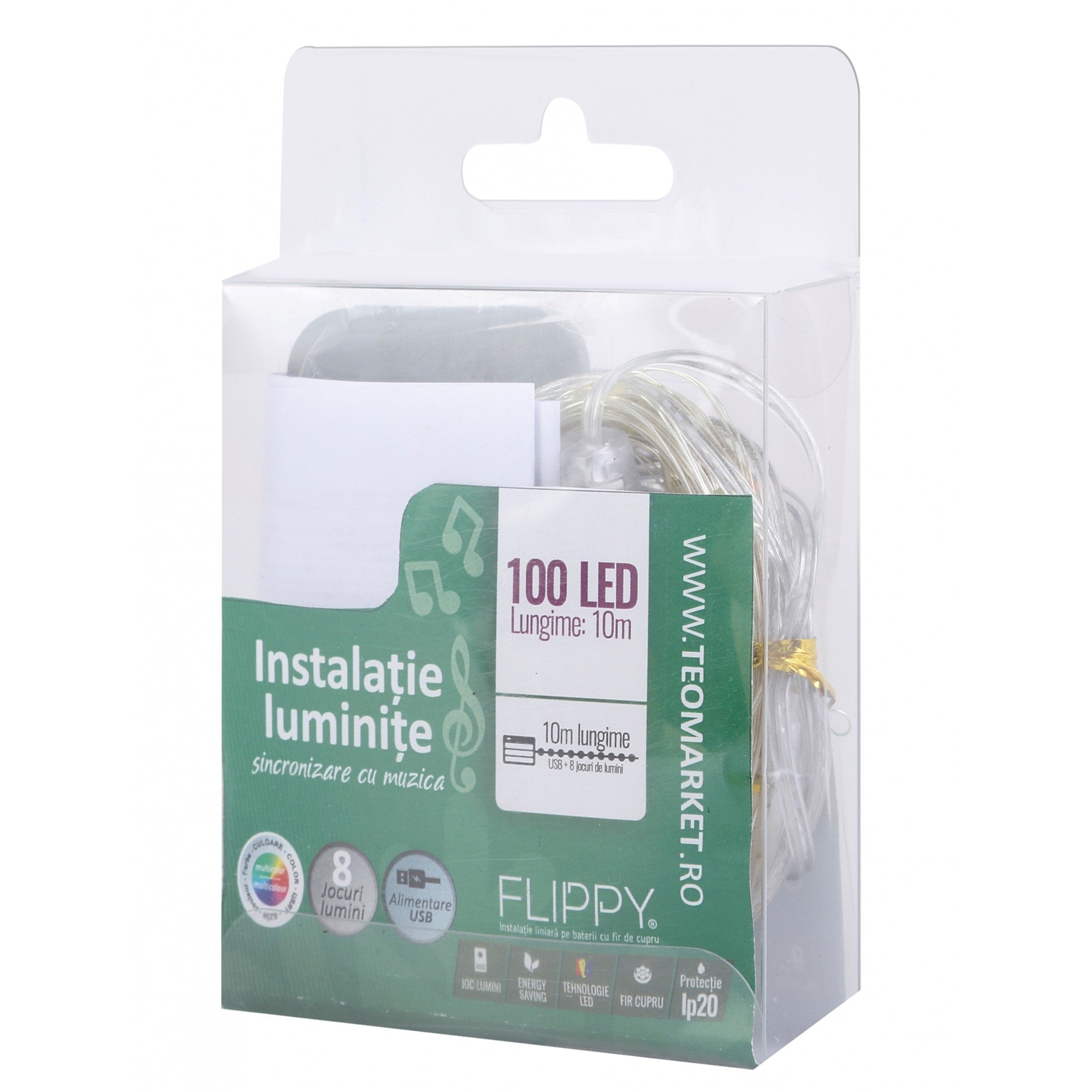 Instalatie Craciun, 10 metri, 100 LED-uri, multicolor RGB, sincronizare muzica, telecomanda 12 de functii, USB, fir cupru, liniar, interior/exterior, Flippy-5