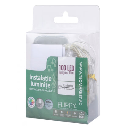 Instalatie Craciun, 10 metri, 100 LED-uri, multicolor RGB, sincronizare muzica, telecomanda 12 de functii, USB, fir cupru, liniar, interior/exterior, Flippy-5