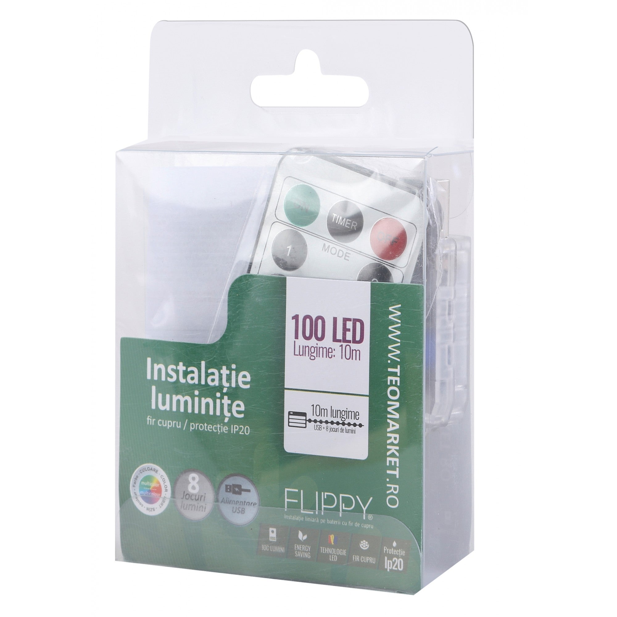 Instalatie Craciun, 10 metri, 100 LED-uri, multicolor, telecomanda 8 functii, USB, fir cupru, liniar, interior/exterior,-2