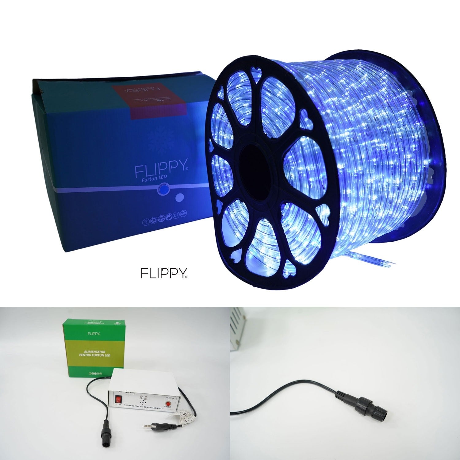 Instalatie Craciun, 100 m, 2400 Led-uri, Furtun Luminos, Alb rece/ Albastru, Transformator, 8 jocuri de lumini, Sectionabila, 220 V, Flippy-10