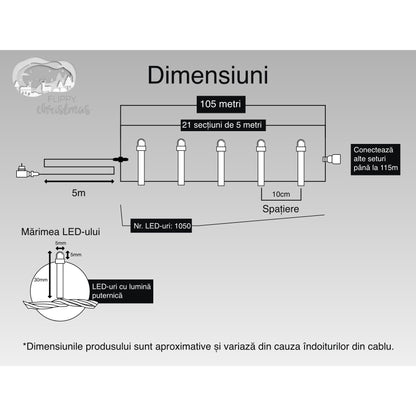 Instalatie Craciun, 105 m, 1050 Led-uri ,Liniara, Multicolor, 8 jocuri de lumini, Transformator cu telecomanda, Interconectabila, Prelungitor 5 m inclus, Fir Verde, Flippy-5