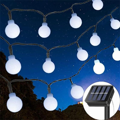 Instalatie Craciun, 12 metri, 100 de LED-uri cu ornament tip Bulb, 8 jocuri de lumini alb rece, cu energie solara, liniar, interior/exterior, Flippy-2