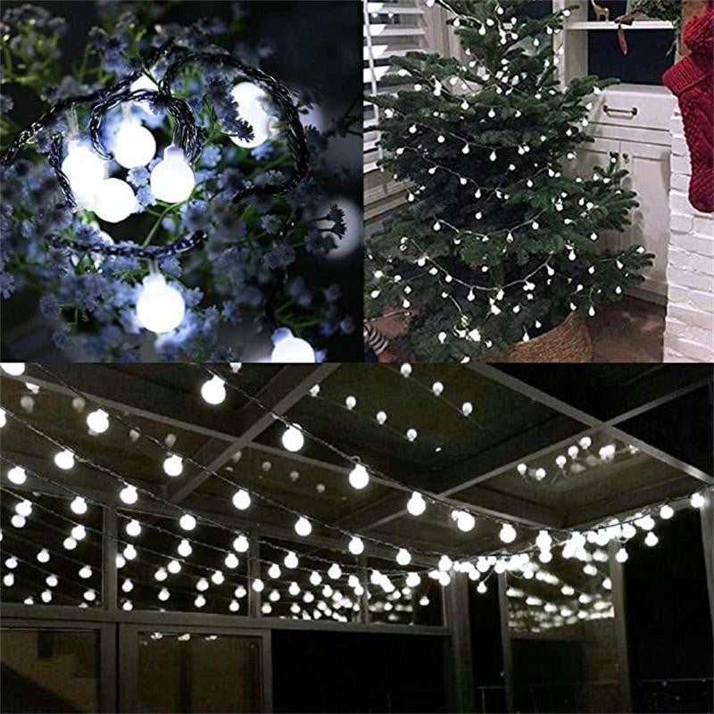 Instalatie Craciun, 12 metri, 100 de LED-uri cu ornament tip Bulb, 8 jocuri de lumini alb rece, cu energie solara, liniar, interior/exterior, Flippy-3