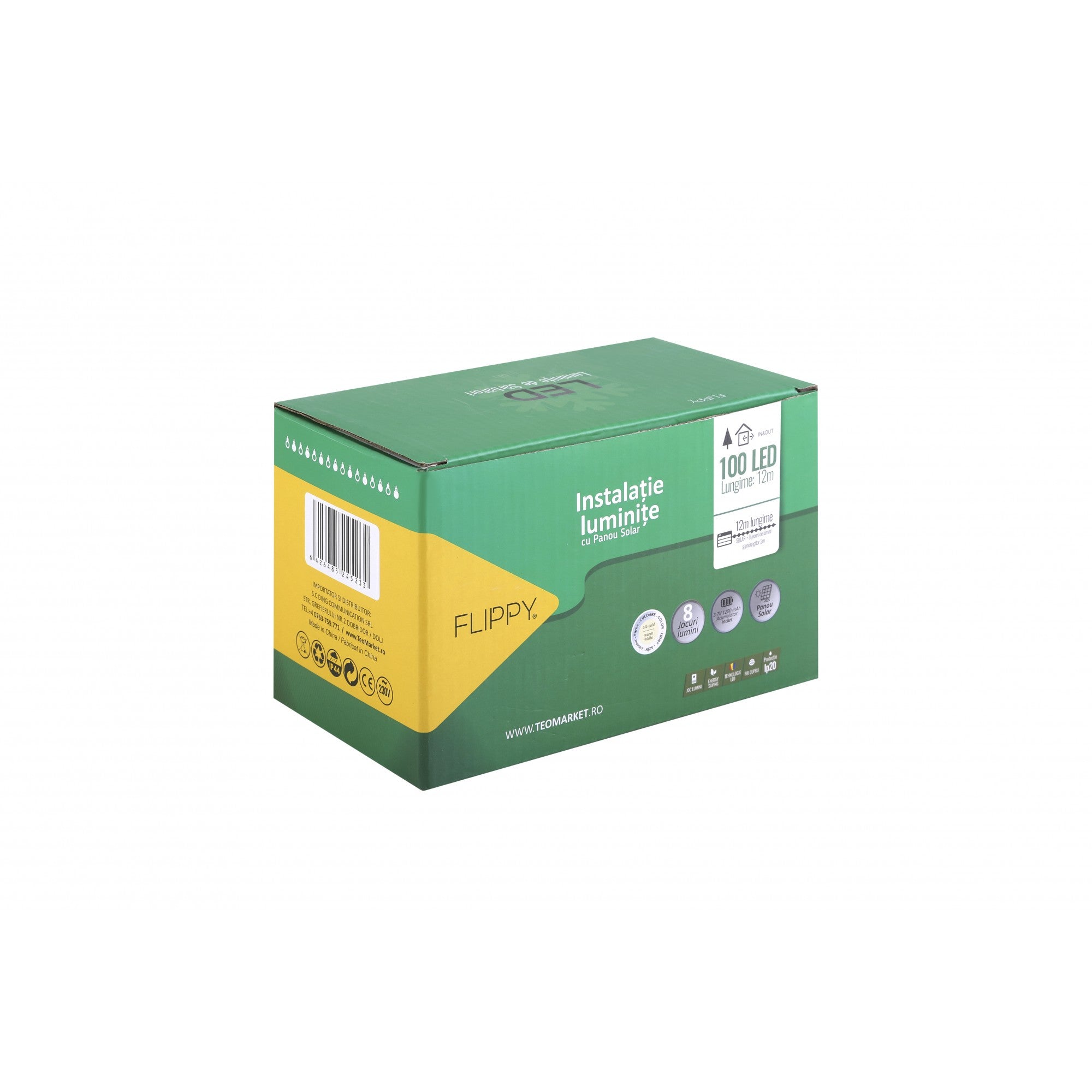 Instalatie Craciun, 12 metri, 100 de LED-uri cu ornament tip Bulb, 8 jocuri de lumini, alb cald, cu energie solara, liniar, interior/exterior, Flippy-0