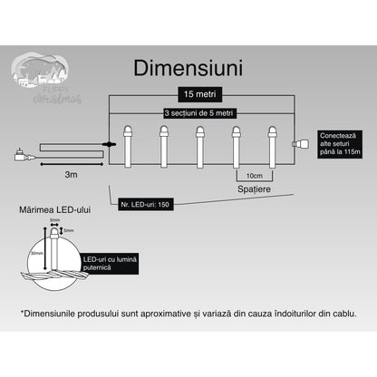 Instalatie Craciun, 15 m, 150 Led-uri ,Liniara, Albastru, 8 jocuri de lumini, Transformator, Interconectabila, Prelungitor 3 m inclus, Fir Verde, Flippy-5