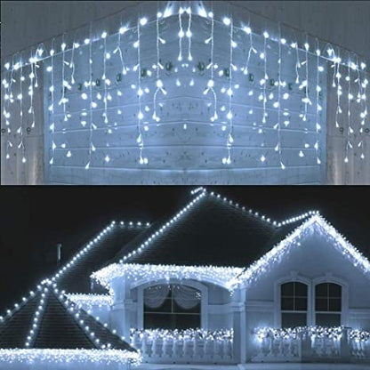 Instalatie Craciun, 15 m, 429 Led-uri ,Franjuri, Albastru, 8 jocuri de lumini, Transformator cu telecomanda, Interconectabila, Prelungitor 3 m inclus, Fir Alb, Flippy-5
