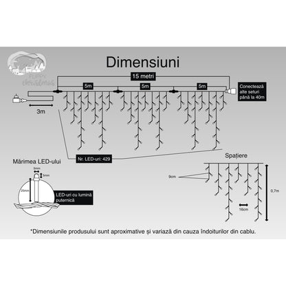 Instalatie Craciun, 15 m, 429 Led-uri ,Franjuri, Albastru, Flash, Transformator cu telecomanda, Interconectabila, Prelungitor 3 m inclus, Fir Negru, Flippy-2